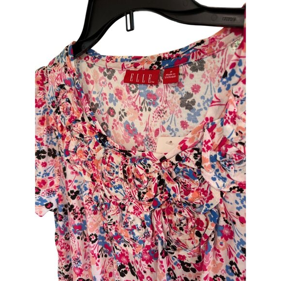 Elle Flower Embellished Tee Small Pink & Blue Floral Print NWT - Picture 3 of 3
